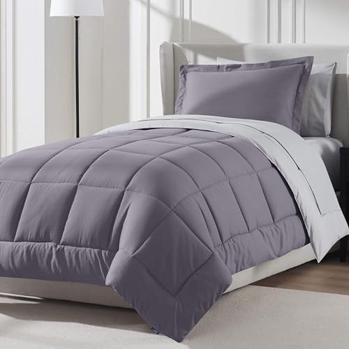 Nestl 7 Piece Twin Comforter Set – Grayish Purple Reversible Bed in a Bag – Complete Twin Size Bedding Set with Sheets, Set of 2 Down Alternative Pillows, Pillowcase and Sham
