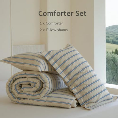 Comforter King Size - 100% Cotton Beige and Blue Striped Reversible Comforter Set, Luxury and Breathable Bedding Set for All Season, 3 Pieces, 104"x90"