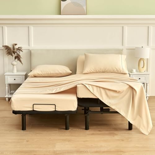 Kingnex Split California King Sheets Set for Adjustable Bed 5 Pieces Include 2 Cal Twin XL Fitted Sheets 1 Flat Sheet 2 King Size Pillowcase Beige