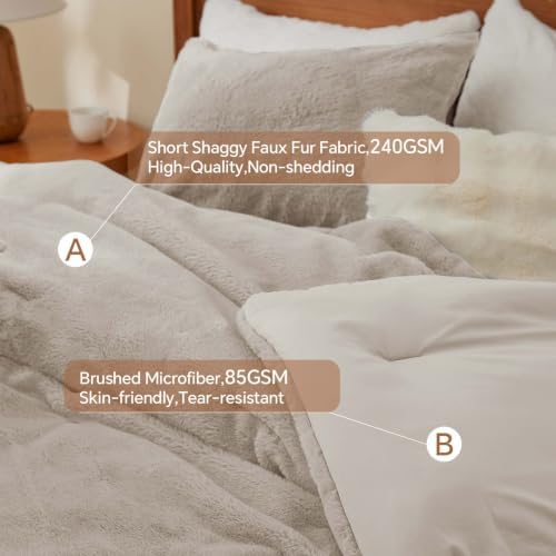 BEDELITE Faux Fur Queen Comforter Set Taupe,Warm Bedding with 2 Pilowcases