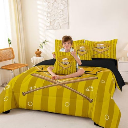 Erosebridal Sports Baseball Theme Yellow Gaming Pattern 7 Piece Bedding Set Twin | Boys Kids Ball Games Boys Comforter Set with Sheets Playground Bed in A Bag Stripes Geometric Bed Sets