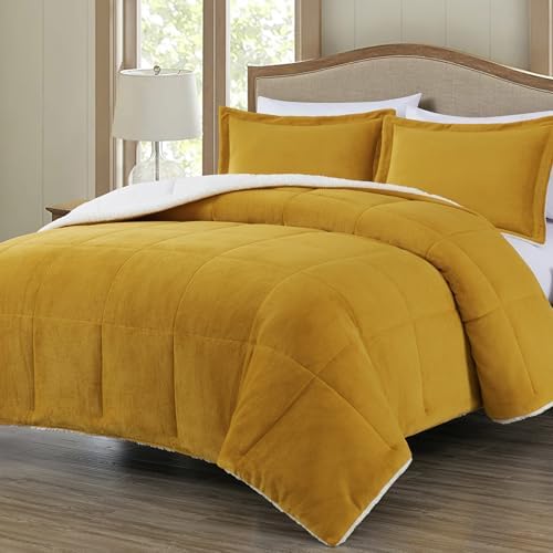 Chezmoi Collection Ultra-Soft Micromink Sherpa Comforter Set with 2 Pillow Shams - King Size Mustard Yellow Reversible Plush Bedding Comforter 3-Piece Set Warm Winter Blanket