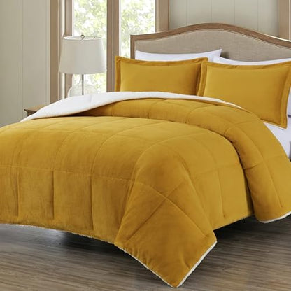 Chezmoi Collection Ultra-Soft Micromink Sherpa Comforter Set with 2 Pillow Shams - King Size Mustard Yellow Reversible Plush Bedding Comforter 3-Piece Set Warm Winter Blanket