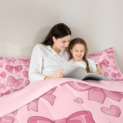 jejeloiu Pink Bow Comforter Set All Season Bowknot Bedding Set with 2 Pillow Cases Bow-tie Microfiber Kids King Bedclothes Colourful Bowknot Bedroom Decor Duvet Quilt Breathable Soft Lightweight