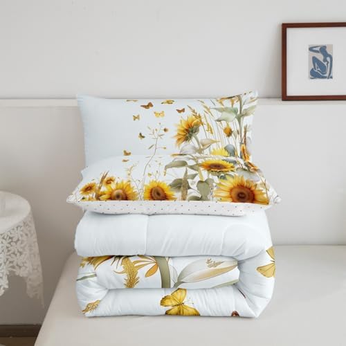 jejeloiu Sunflower Comforter Set Queen Size Kids Butterfly Rustic Floral Bedding Set Boys Girls Teens Yellow Flowers Duvet Breathable Botanical Spring Quilt Bedroom Decor,1 Comforter with 2 Pillowcase
