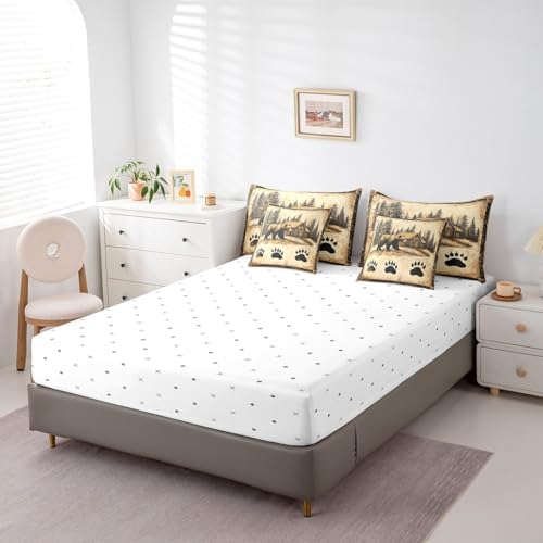 Erosebridal Bear King Bedding Set 7 Piece Hunting Cabin Lodge Comforter Set for Kids Boys Girls Rustic Farmhouse Bed in a Bag Wild Bear Paw Quilt with Flat Fitted Sheet Country Jungle Decor