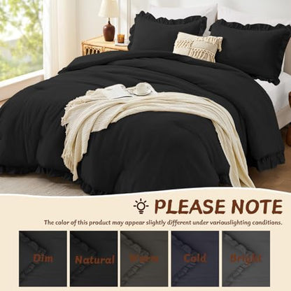 FUANNA King Size Comforter Set, Ruffle Bedding Set, 3 Pieces Bed Set, Black