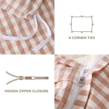 ATsense Pink Brown Gingham Ruffle Duvet Cover Set Cotton Like Linen, King