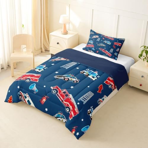 Feelyou Fire Truck Comforter Set Toddler Size Police Car Bedding Set for Kids Boys Girls Ambulance Cartoon Car Duvet Quilt Bedroom Decor Microfiber 2 Pcs with 1 Pillow Case