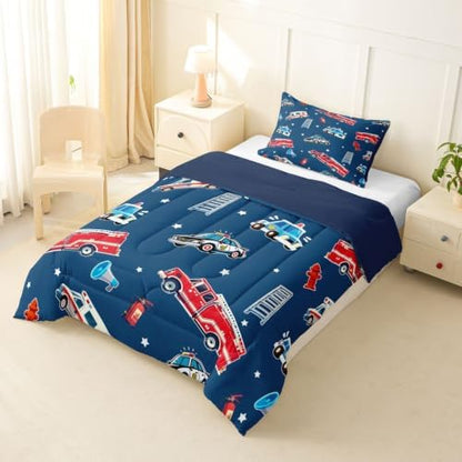 Feelyou Fire Truck Comforter Set Toddler Size Police Car Bedding Set for Kids Boys Girls Ambulance Cartoon Car Duvet Quilt Bedroom Decor Microfiber 2 Pcs with 1 Pillow Case