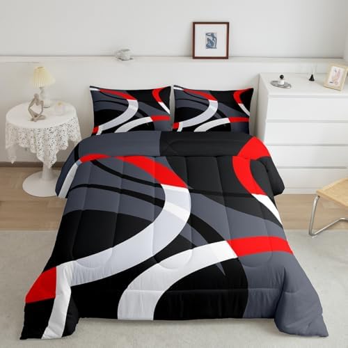 Feelyou Geometric Circle Comforter Set Red Grey and Black Comforter for Kids Boys Girls Teens Geometrics Bedding Set Breathable Abstract Art Duvet Set Modern Luxury Room Decor Quilt Set King Size