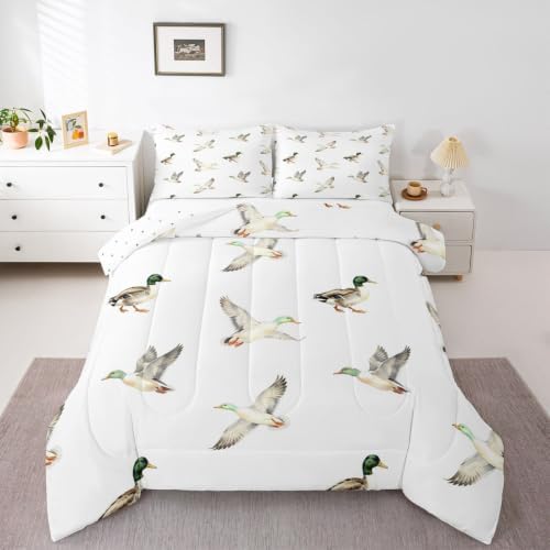 Feelyou Mallard Duck Bedding Set Soft for Boys Girls, Hunting and Fishing Comforter Set King Size Wild Animal Duvet Quilt Microfiber Wildlife White Bedroom Decor 3 Pcs with 2 Pillow Cases