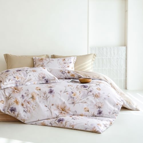Queen Comforter Set 3 Pieces, 100% Cotton Watercolor Beige Floral Bedding Set for All‑Season, Soft Reversible Comforter with 2 Pillow Shams