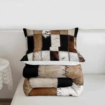 3D Cow Fur Print Comforter Set Cowhide Patchwork Plaid Bedding Set Western Farmhouse Animals Quilt Set 3pcs for Teens Girls Boys Men Room Decor Vintage Cowboy Style Duvet Insert King Size