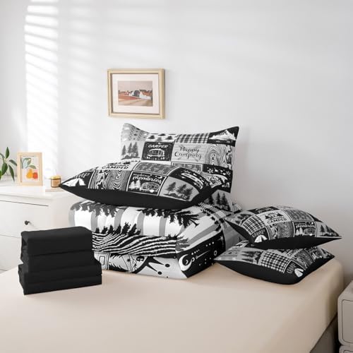Erosebridal Rv Bedding Sets 7 Piece Plaid Camper Bed in A Bag Full Rustic Farmhouse Camping Bunk Comforter Set Camper Accessories for Travel Trailers,Woodland Travel Bed Set for Kids Boys Men