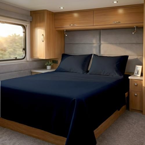 Cottingon 4 Piece Short Queen Sheets, 15" Deep, Egyptian Cotton, Navy Blue