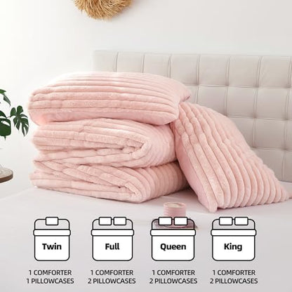 Smoofy Fluffy King Size Comforter 3 PCS - Blush Pink Fleece Bedding Set