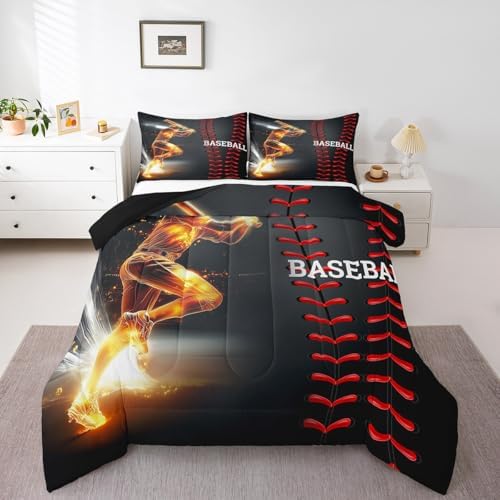 Erosebridal Baseball Bedding Set, Golden Athlete Comforter Set Queen Size, Sports Games Down Comforter for Kids Boys Girls Bedroom, Glitter Outer Space Duvet Insert for Living Room