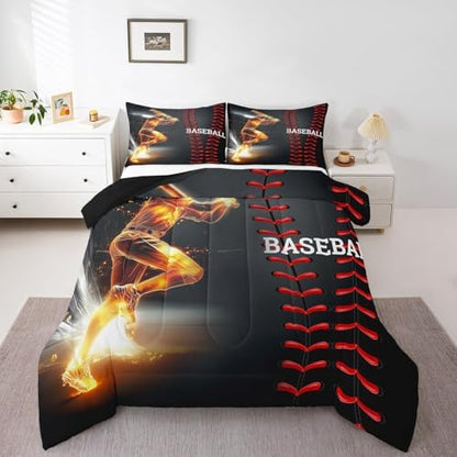 Erosebridal Baseball Bedding Set, Golden Athlete Comforter Set Queen Size, Sports Games Down Comforter for Kids Boys Girls Bedroom, Glitter Outer Space Duvet Insert for Living Room