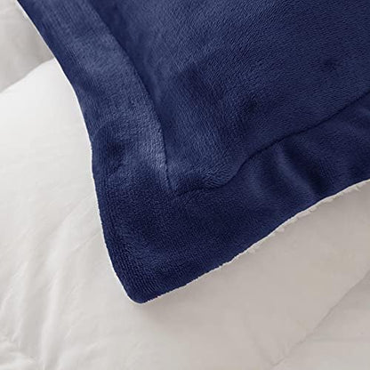 Sherpa Comforter Set Full Queen Size, Navy Blue Bedding Set with Shams