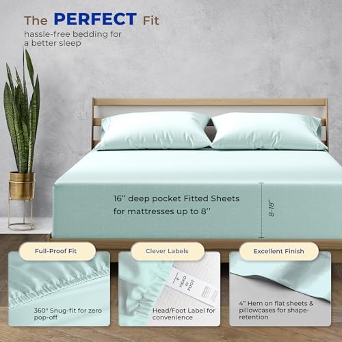 THREAD SPREAD Split King Sheet Set, Luxury 1000 Series Paradise Collection 100% Egyptian Cotton Split King Sheets Sets for Adjustable Bed (5 PC, Sea Foam), Soft, 16" Deep Pocket Hotel Sheets