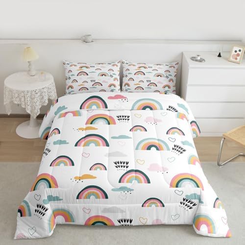 Erosebridal Rainbow Bedding Set for Kids Girls, Pink Love Heart Comforter Set King Size Cartoon Cloud Geometric Stripes Bedding Comforter for Boys Children Women Watercolor Art Girly Duvet Sets
