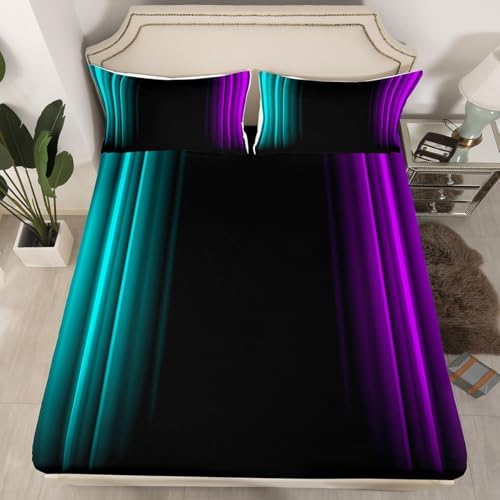 Feelyou Teens Abstract Ombre Decorations Bedding Set for Kids Women Teal Purple and Black Bed Sheets Set Geometric Modern Fitted Sheet Sets Room 4Pcs King Size