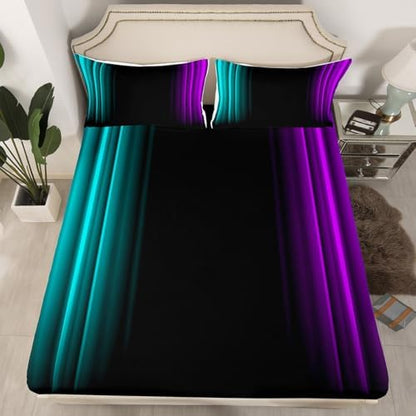 Feelyou Teens Abstract Ombre Decorations Bedding Set for Kids Women Teal Purple and Black Bed Sheets Set Geometric Modern Fitted Sheet Sets Room 4Pcs Full Size