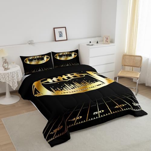 Erosebridal Black and Golden Football Comforter Set Twin for Boys Kids Teen Sports Bedding Soccer Duvet Insert Ball Gaming Quilt Comforter Rugby Football Field Comforter 2 Piece with 1 Pillowcase