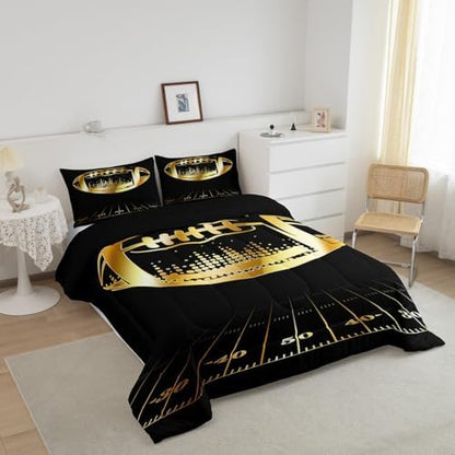 Erosebridal Black and Golden Football Comforter Set Twin for Boys Kids Teen Sports Bedding Soccer Duvet Insert Ball Gaming Quilt Comforter Rugby Football Field Comforter 2 Piece with 1 Pillowcase