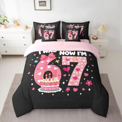 Erosebridal Kids 67 Number Print Twin Comforter Set 7 Piece Cute Pink Kawaii Bedding Set for Girls Princess Bedroom Decor,Girly Trendy Six Seven Bed in A Bag Love Heart Bow Bed Set,Pink Black