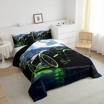 Erosebridal 3Pcs Green Race Car Comforter Set King Size Black Sports Cars Bedding Sets for Boy Car Room Decor 3D Geometric Bed in A Bag with 1 Comforter,2 Pillowcases,All Season