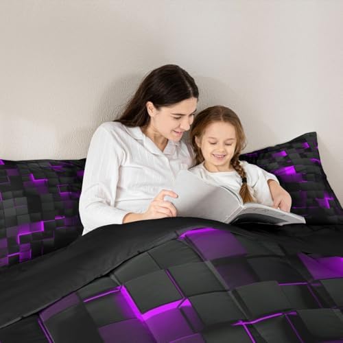 Erosebridal Black Purple Comforter Set Full Neon Geometric Checkered Bedding Set for Girls Teen Women,Tereoscopic Grids Comforter Square Plaid Quilt Duvet Room Decor 3 Pcs