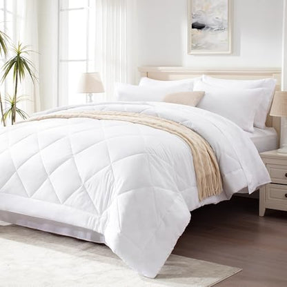 Love's cabin Oversized Queen Comforter Set, 7 Pieces Bed in a Bag, All Season Bedding Sets with 1 Comforter, 1 Flat Sheet, 1 Fitted Sheet, 2 Pillowcase and 2 Pillow Sham, White