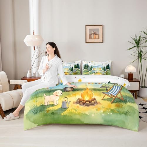Erosebridal Happy Camping King Comforter Set with Sheets 7 piece Camper Bed in A Bag Travel Trailer RV Adventure Tent Bedding Sets for Kids Adults,Rustic Tree Mountain Bed Set