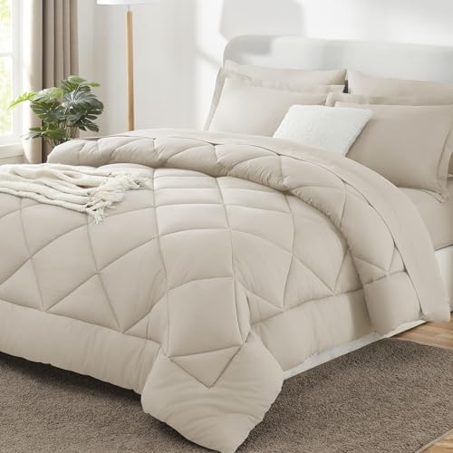 CozyLux Oversized Queen Comforter Set 98"x98", 7 Piece, Beige