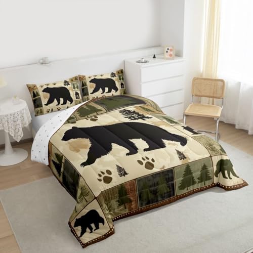 jejeloiu Bear Kids Comforter Set Toddler Size Wild Animal Bedding Set Rustic Cabin Country Duvet Quilt for Kids Boys Girls Bedroom Decor Microfiber Ultra Soft Breathable