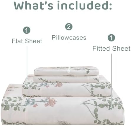 QSH Floral Queen Size Sheet Sets - 100% Egyptian Cotton Sheets Elegant Flower Pattern Printed Bedding Sheets Queen Size Bed Extra Soft and Breathable 4pcs Deep Pockets Bed Sheets