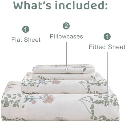 QSH Floral Queen Size Sheet Sets - 100% Egyptian Cotton Sheets Elegant Flower Pattern Printed Bedding Sheets Queen Size Bed Extra Soft and Breathable 4pcs Deep Pockets Bed Sheets