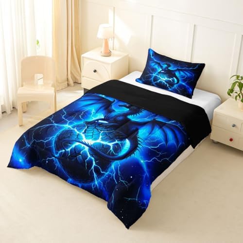 Feelyou Dragon Kids Comforter Set Twin Size Chic Outer Space Starry Sky Bedding Set ungle Animals Dragon Duvet Quilt for Kids Boys Girls Bedroom Black Blue Decor Microfiber Ultra Soft Breathable