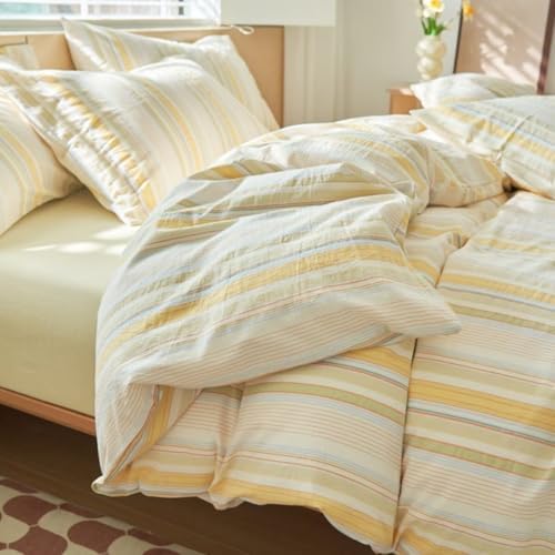 Mucalis Yellow Striped Duvet Cover King Duvet Cover 100% Washed Cotton Duvet Cover Set Colorful Striped Pattern Vintage 3 Piece Bedding Set with Zipper Closure Corner Ties, Breathable Comfortable