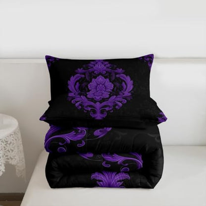 Feelyou Purple Gothic Bedding Set Soft for Boys Girls, Vintage Damask Boho Comforter Set Full Size Exotic Victorian Duvet Quilt Microfiber Bedroom Decor 3 Pcs with 2 Pillow Cases