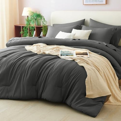 CozyLux Queen Comforter Set Dark Grey, 7 Pieces Bed in a Bag
