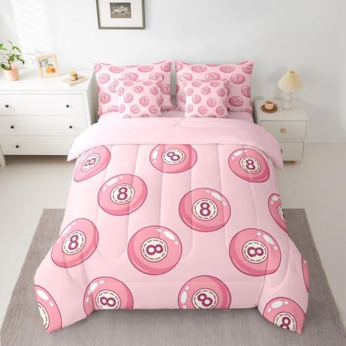 Erosebridal Pink Lucky 8 Ball Full Bedding Set 7 Piece for Girls Room Decor,Fashion Trendy Y2K Comforter Set for Kids Teen Adults,Girly Coquette Preppy Bed in A Bag Aesthetic Funky Y2K Bed Set