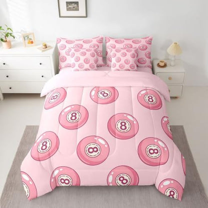 Erosebridal Pink Lucky 8 Ball Full Bedding Set 7 Piece for Girls Room Decor,Fashion Trendy Y2K Comforter Set for Kids Teen Adults,Girly Coquette Preppy Bed in A Bag Aesthetic Funky Y2K Bed Set