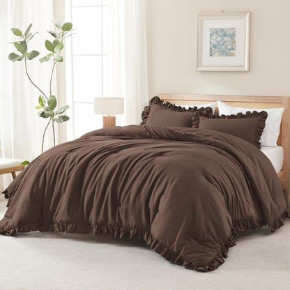 Andency Brown Ruffle Comforter Oversized Queen, 3 Pcs Solid Farmhouse Bed