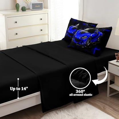 5 Pcs Race Car Twin Bedding Set for Boys, Blue Sports Car Twin Boys Comforter Set with Sheets