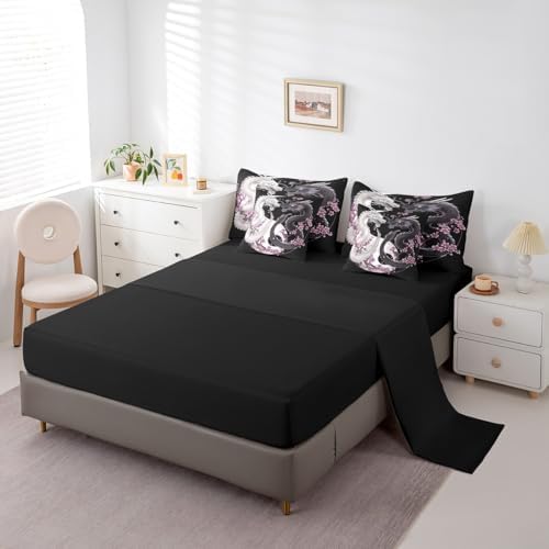 Feelyou Dragon Comforter Set 7 Pieces Twin Size Yin Yang Cherry Flower Bedding Set for Boys Girls Wildlife Bed in a Bag with Comforter, Sheets, Pillowcases & Cushion Covers