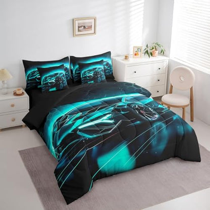 Feelyou Kids Sports Car Bed in a Bag King Size Race Car Comforter Set with Sheets for Kids Teens Boys Girls Extreme Sports Theme 7 Piece Bedding Set Speed Luxury Car Bed Set
