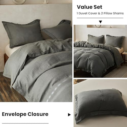Simple&Opulence 100% Linen Duvet Cover Set with Crossed Embroidery Washed - 3 Pieces (1 Duvet Cover with 2 Pillow Shams) Soft Breathable Farmhouse -Cushing Green, King Size